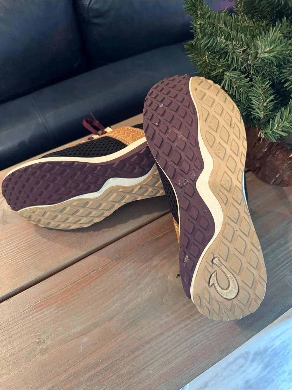 OluKai Black and Tan Sneakers with Burgundy Laces size 7